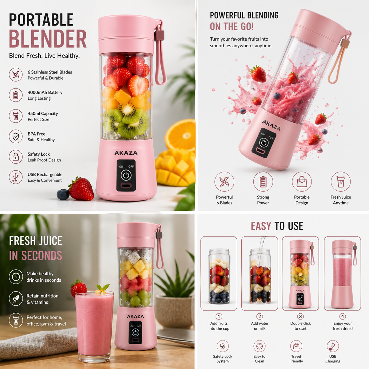 Portable Blender – USB Rechargeable Mini Juicer Bottle