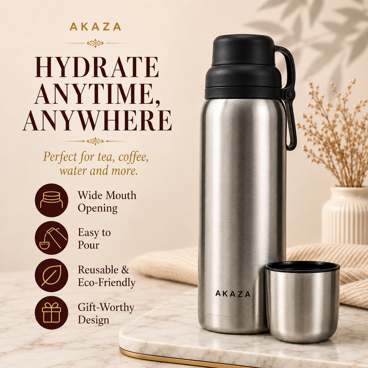 Stainless Steel Flask – Double Wall Vacuum Insulated Water Bottle