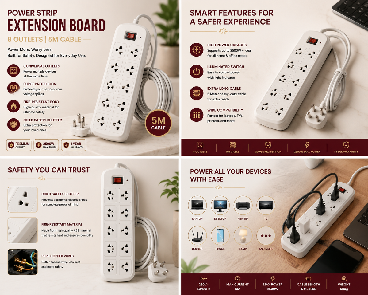 Power Strip Extension Board 8 Outlets 5m Cable